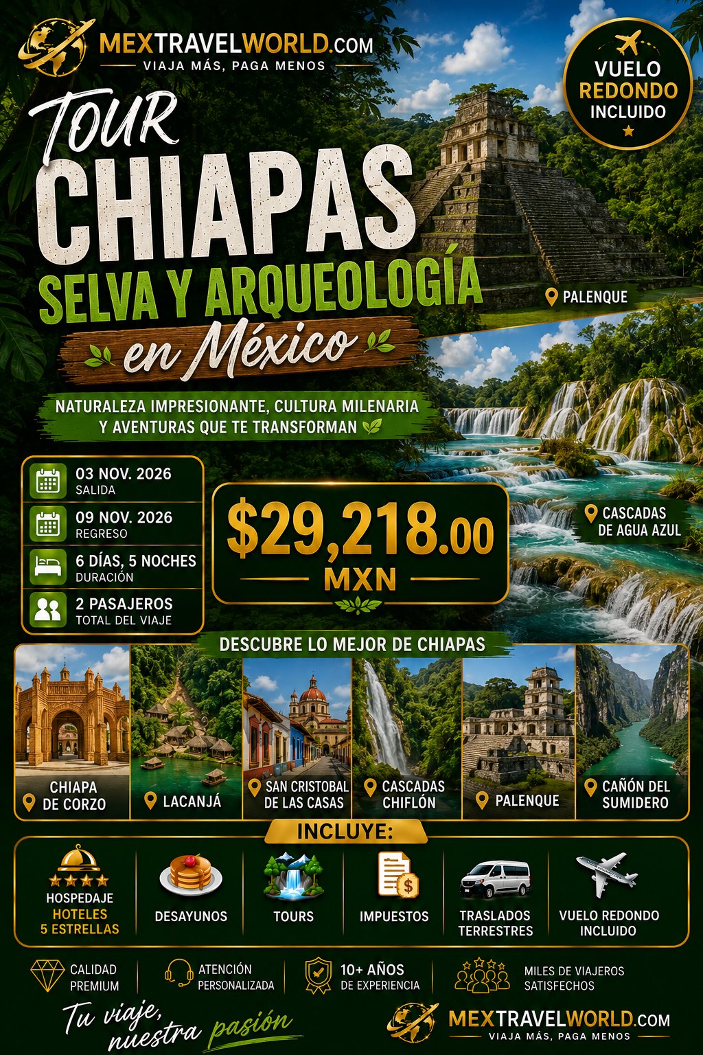 Chiapas: Jungle & Archaeology — Palenque · San Cristóbal · Agua Azul · Sumidero Canyon | MexTravelWorld