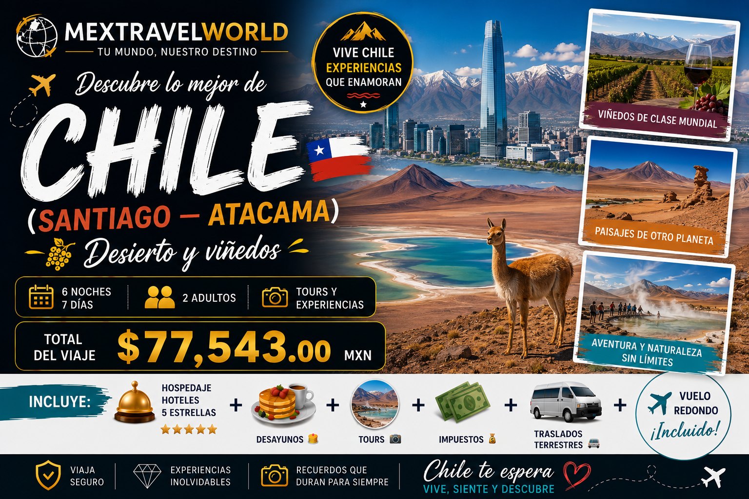 Chile — Santiago y Atacama — Santiago · Desierto de Atacama · Viñedos | MexTravelWorld