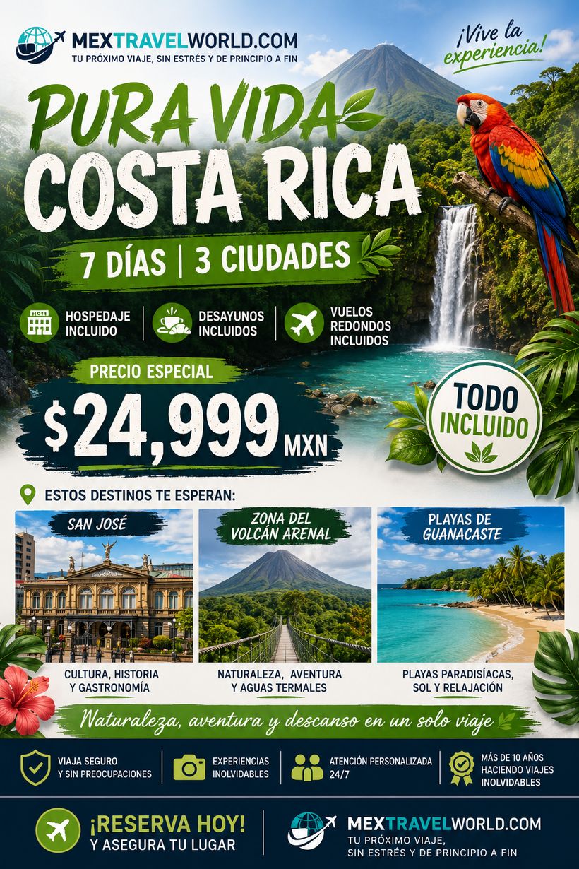 Pura Vida Коста-Рика — Сан-Хосе · вулкан Ареналь · Гуанакасте | MexTravelWorld