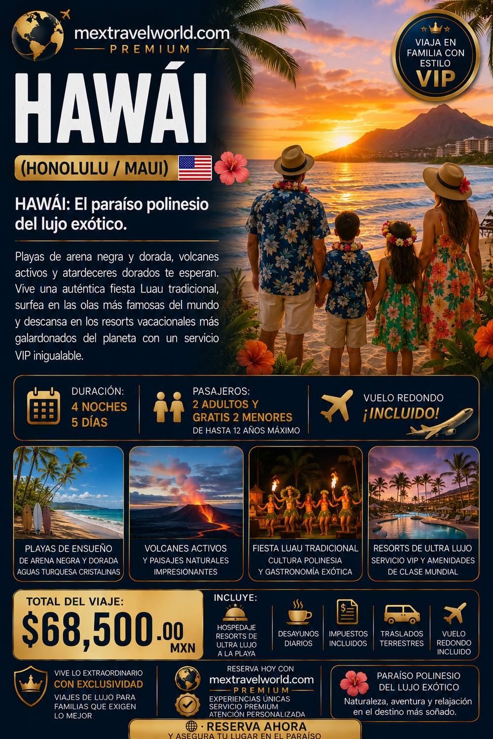 Hawái · Honolulu y Maui — Honolulu · Maui · Luau tradicional · Surf · Resorts de ultra lujo | MexTravelWorld
