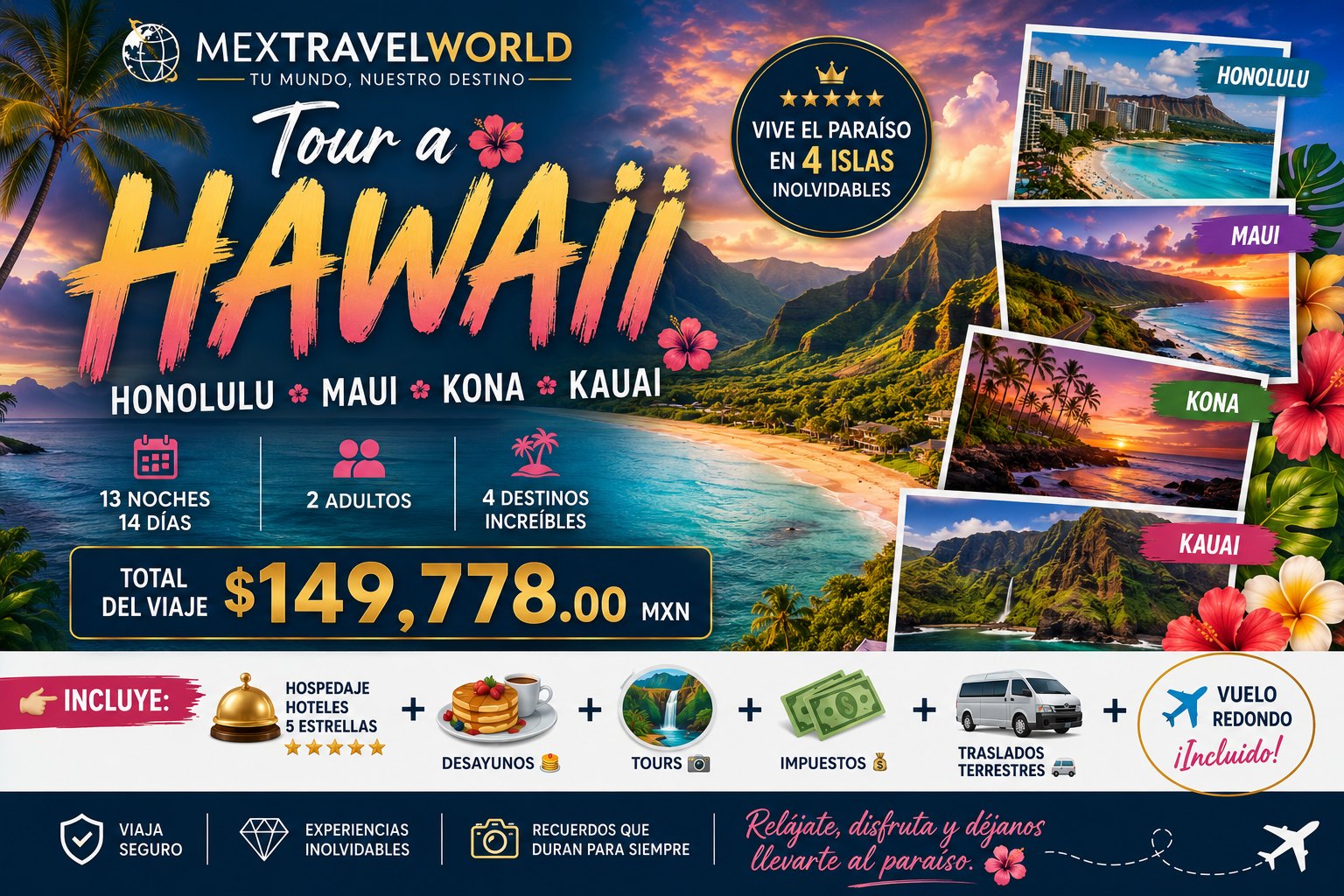 Hawái — 4 Islas — Honolulu · Maui · Kona · Kauai | MexTravelWorld
