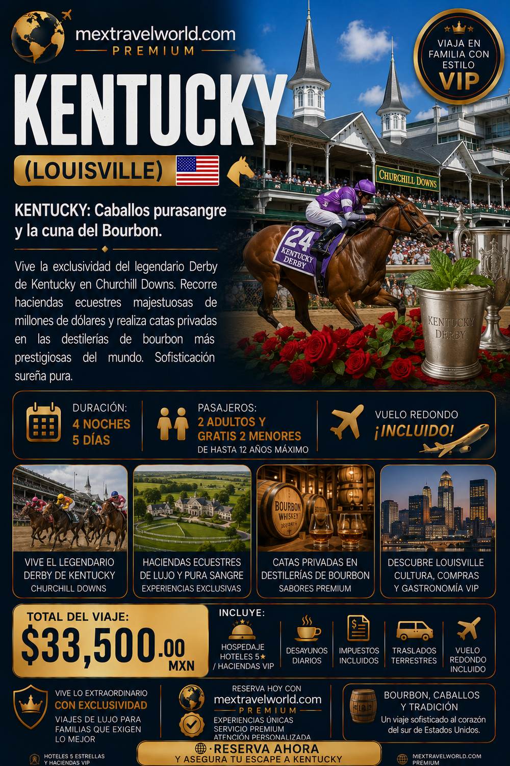 Kentucky — Louisville · Churchill Downs · Destilerías de bourbon · Haciendas ecuestres | MexTravelWorld
