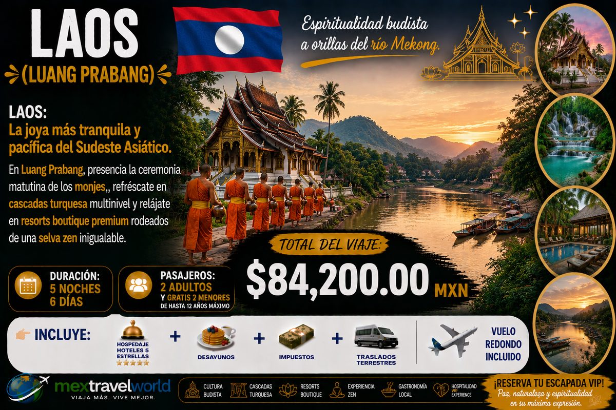 Laos — Río Mekong · Ceremonia de los monjes · Cascadas turquesa | MexTravelWorld