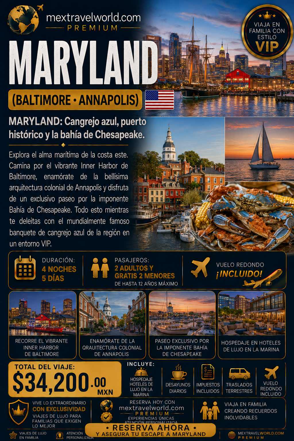 Maryland — Inner Harbor Baltimore · Annapolis colonial · Bahía de Chesapeake · Cangrejo azul | MexTravelWorld