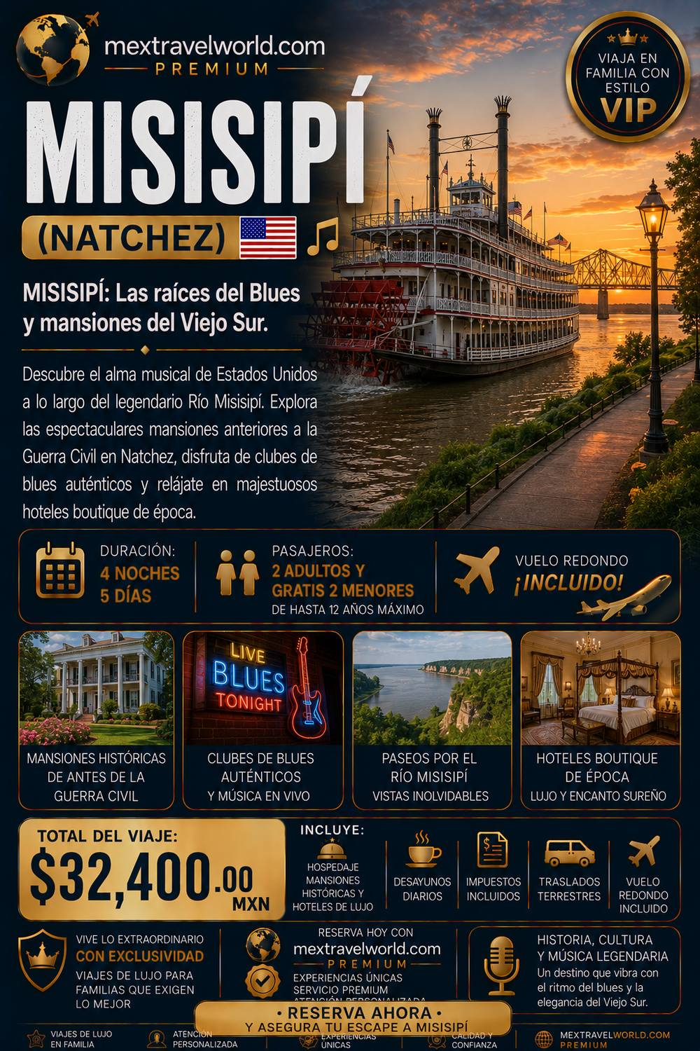 Misisipí — Натчез · Корни блюза · Особняки Старого Юга · Река Миссисипи | MexTravelWorld
