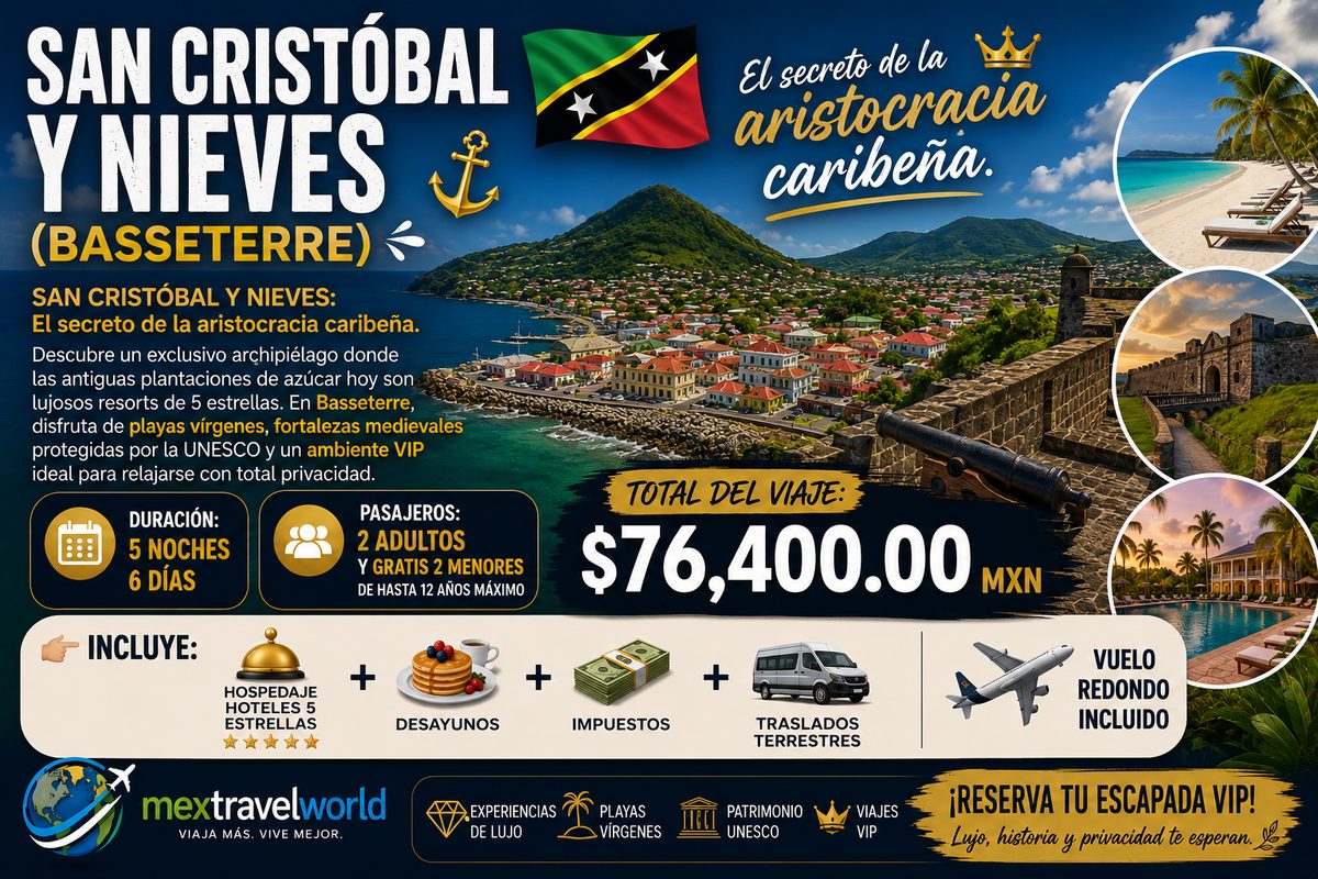 San Cristóbal y Nieves — Playas vírgenes · Fortalezas UNESCO · Resorts 5★ | MexTravelWorld
