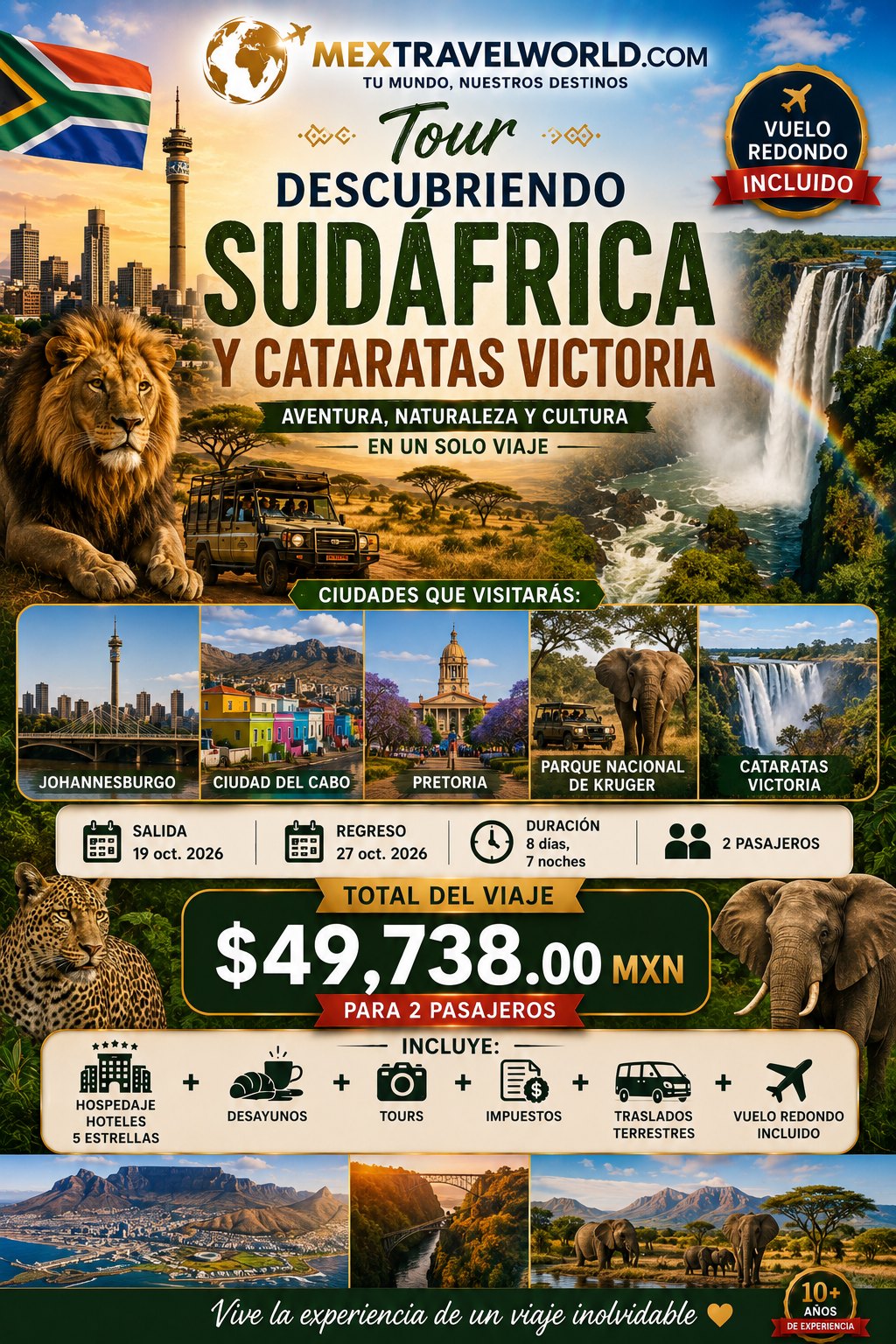 South Africa & Victoria Falls — Johannesburg · Cape Town · Pretoria · Kruger · Victoria Falls | MexTravelWorld
