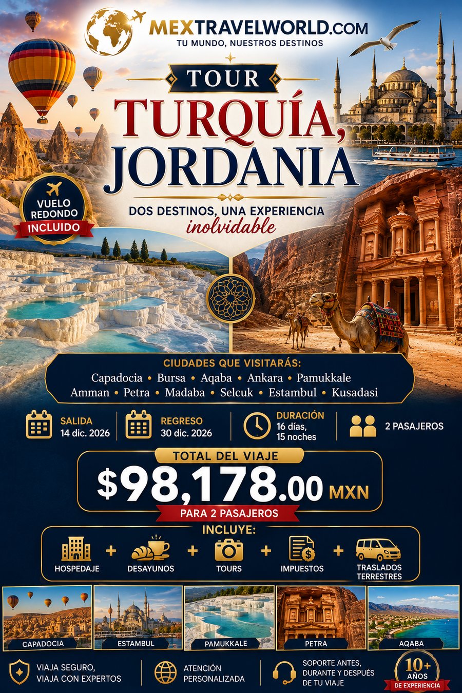 Turquía y Jordania — Capadocia · Estambul · Petra · Pamukkale · Amman | MexTravelWorld