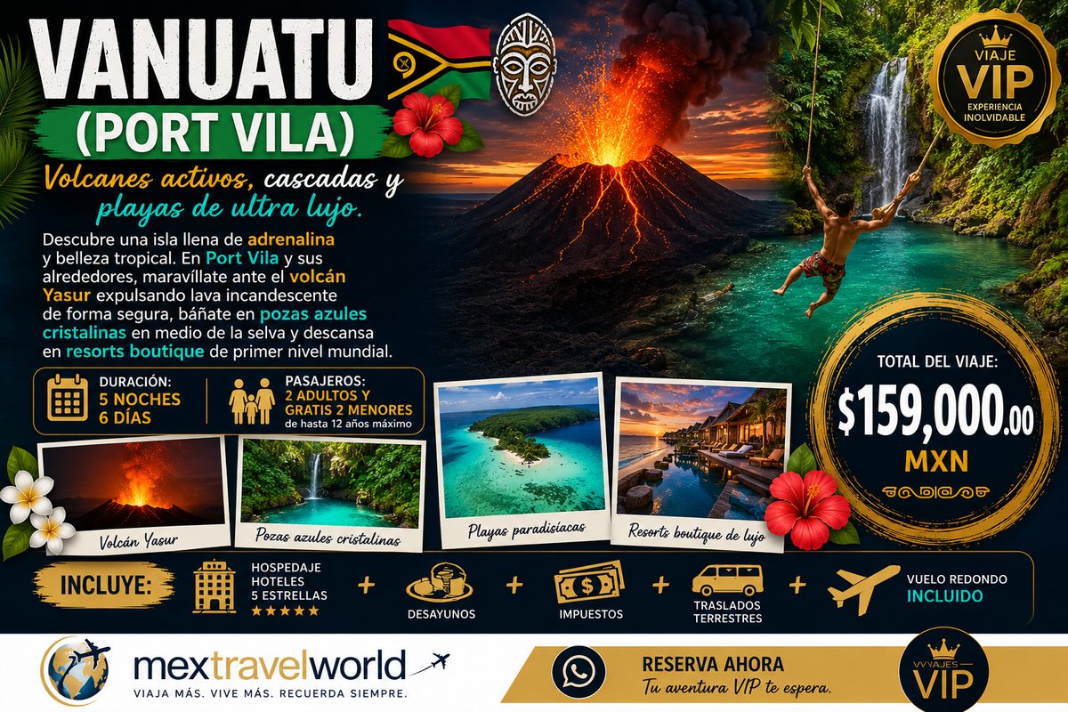 Vanuatu — Port Vila · Volcán Yasur · Pozas azules · Resorts boutique | MexTravelWorld
