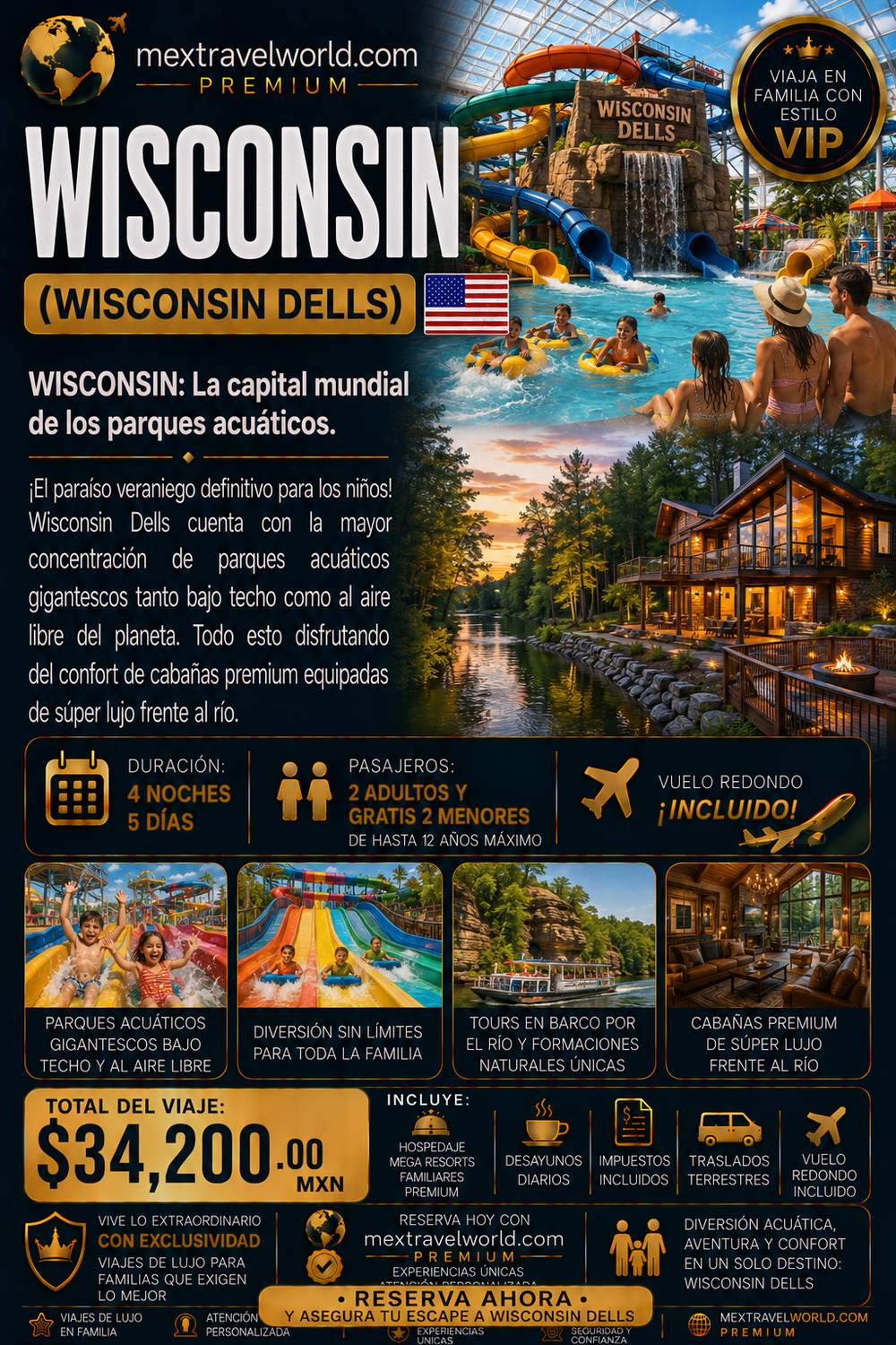 Wisconsin — Wisconsin Dells · Giant water parks · Boat tours · Premium cabins | MexTravelWorld